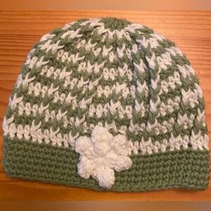 Green and White Crochet Beanie with Flower